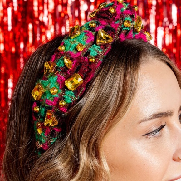 Brianna Cannon Tweed Headband Green Multi colored Crystals & Beads New - Picture 11 of 16